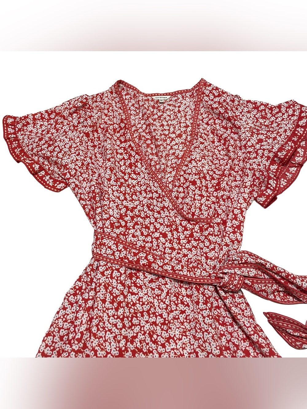 Max Studio Red Floral Dress with Tie Waist - Picture 2 of 6